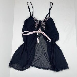 Y2K Coquette Babydoll Lingerie Top in Black + Pink Bows Lace Sheer Women's M